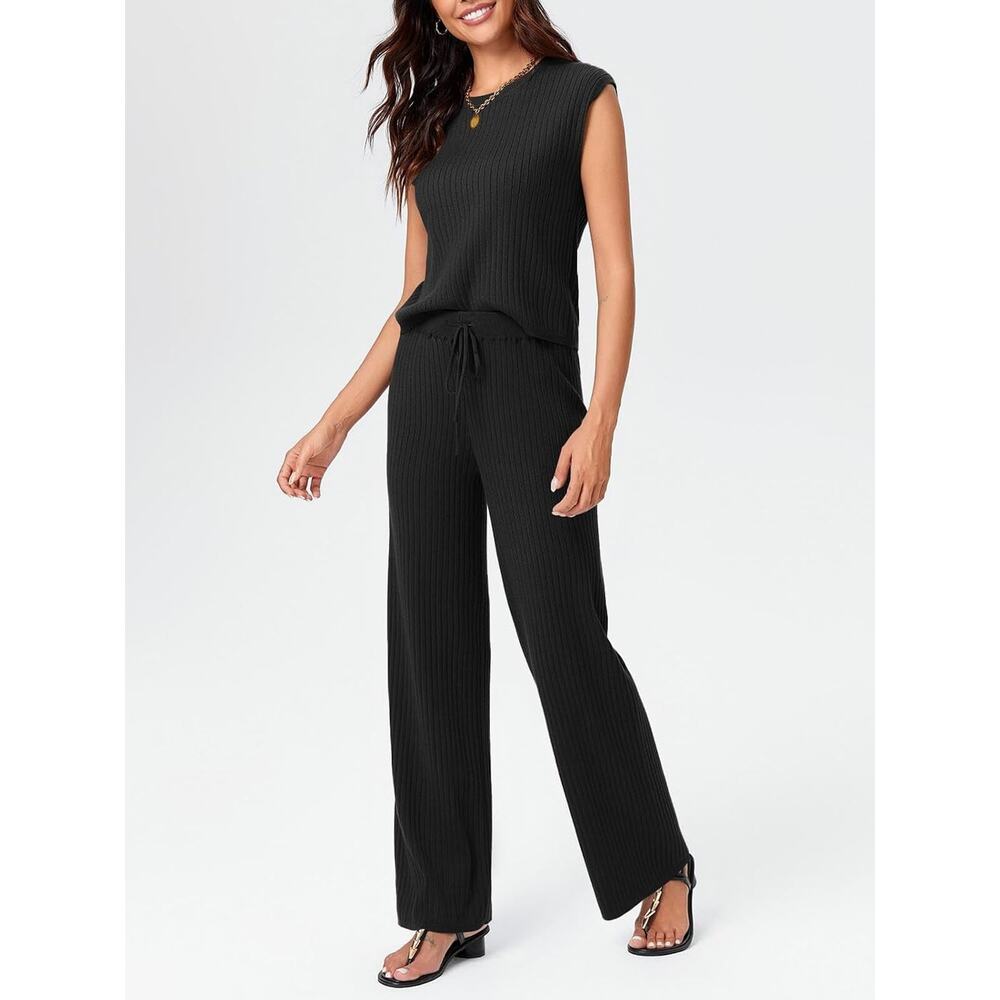 Imily Bela Women 2 Piece Ribbed Knit Top Wide Leg Pants Set Black S New - Picture 3 of 5